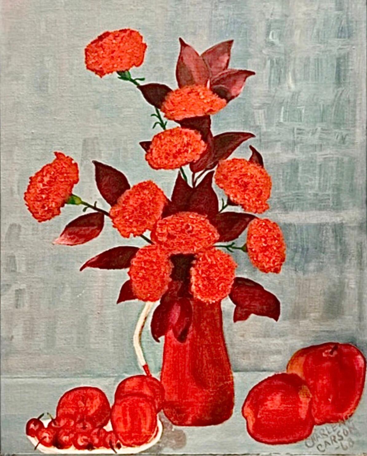 Frisman Vintage 60s Vintage Mid Century Modern Red Floral Still Life Oil Painting Framed