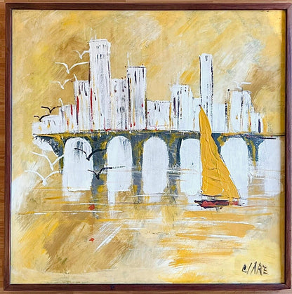 Frisman Vintage 60s MCM Abstract Sailboat Nautical Clare Vanguaard Reynolds Oil Painting Framed