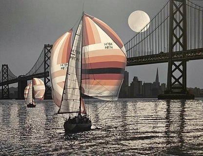 Frisman Vintage SALE 70s Monumental Rare Letterman Sailboat SFO Framed Realism Nautical Painting