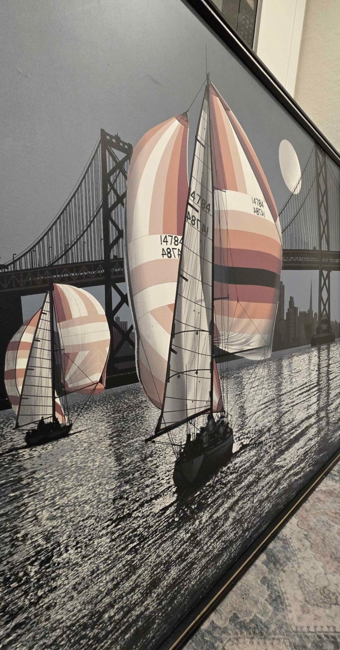 Frisman Vintage SALE 70s Monumental Rare Letterman Sailboat SFO Framed Realism Nautical Painting