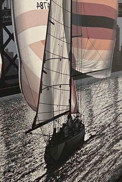 Frisman Vintage SALE 70s Monumental Rare Letterman Sailboat SFO Framed Realism Nautical Painting