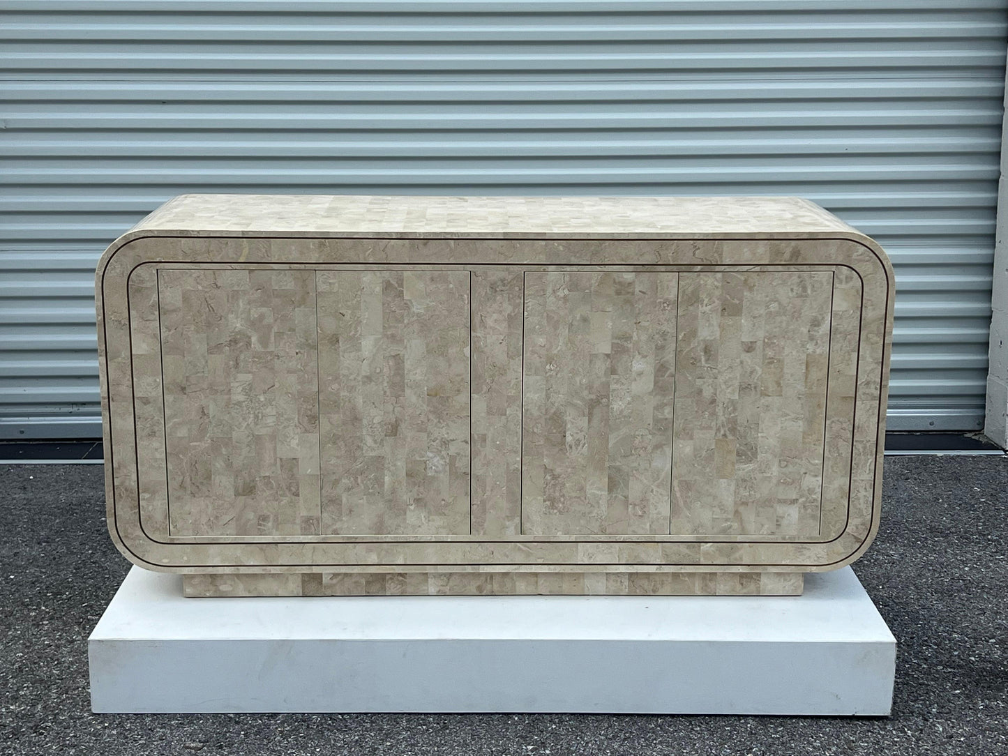 Maitland Smith Tessellated Stone Rounded Credenza with Brass Detailing Ca' 1980'