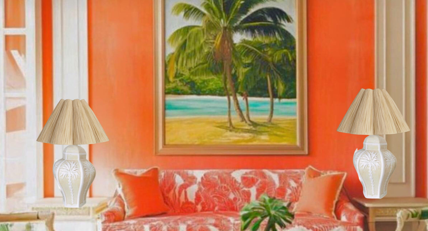 Frisman Vintage Pair Vintage Palm Beach Regency Dorothy Draper Isp Raised Palm Tree Ceramic Lamp