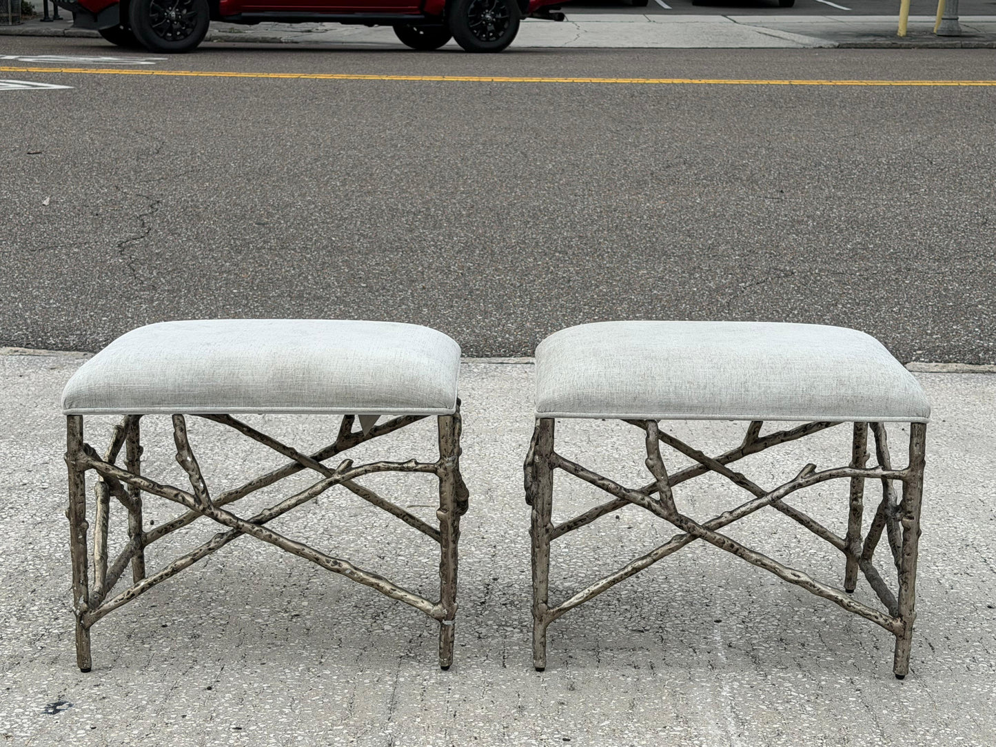 Frisman Vintage A Pair Of Aluminum Twig Upholstered Benches By Bernhardt 2017