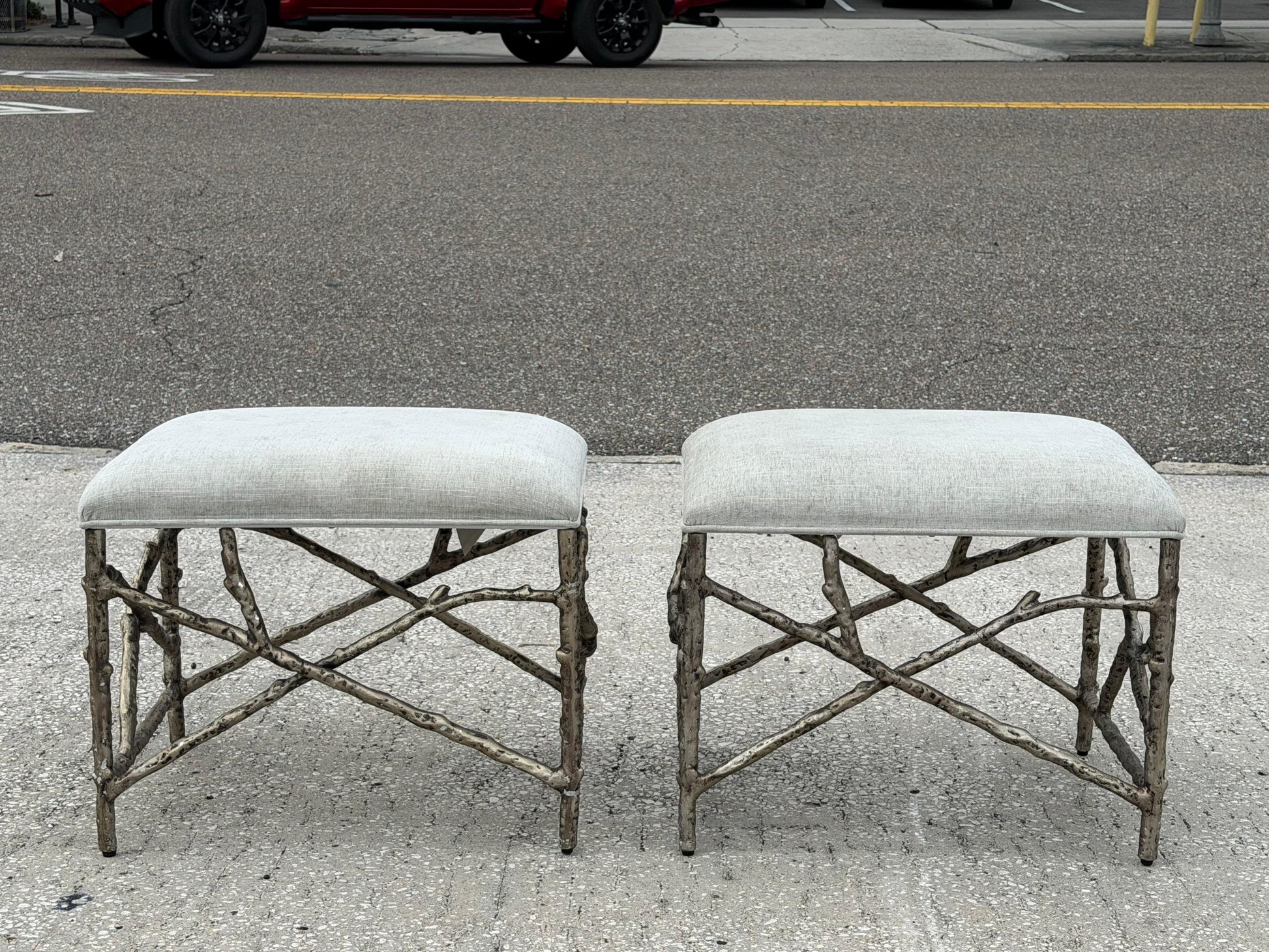 Frisman Vintage A Pair Of Aluminum Twig Upholstered Benches By Bernhardt 2017