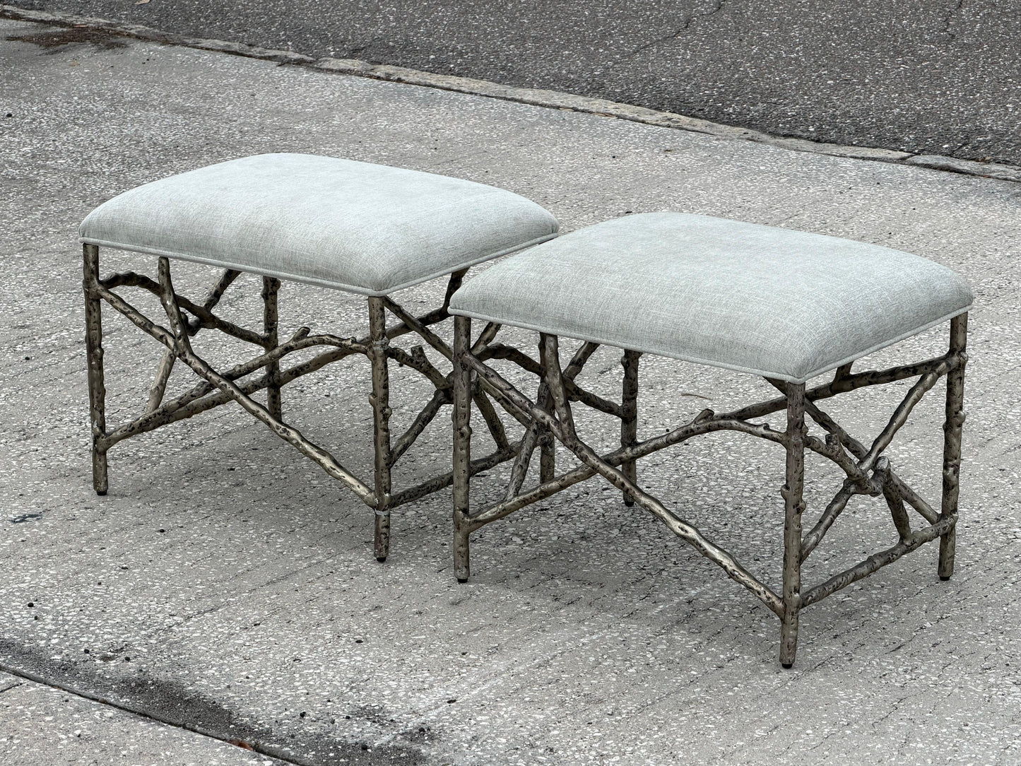 Frisman Vintage A Pair Of Aluminum Twig Upholstered Benches By Bernhardt 2017