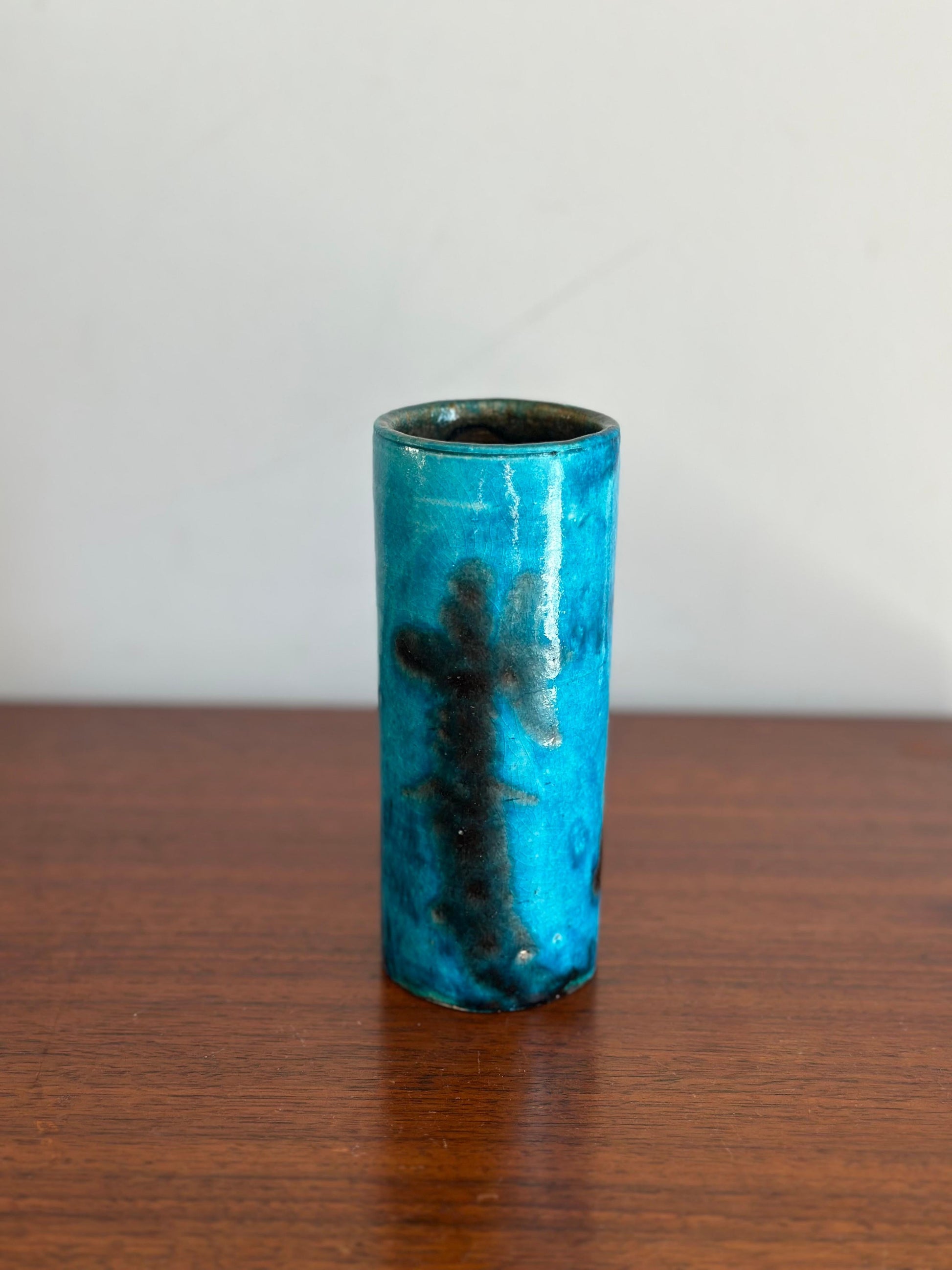 Frisman Vintage Guido Gambone cylinder vase in blue and black ceramic, Italy