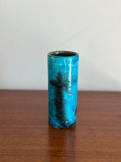 Frisman Vintage Guido Gambone cylinder vase in blue and black ceramic, Italy