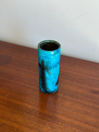 Frisman Vintage Guido Gambone cylinder vase in blue and black ceramic, Italy