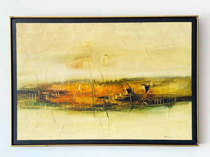 Frisman Vintage Frank Carmelitano Landscape Painting 1974 MCM Abstract Oil On Canvas