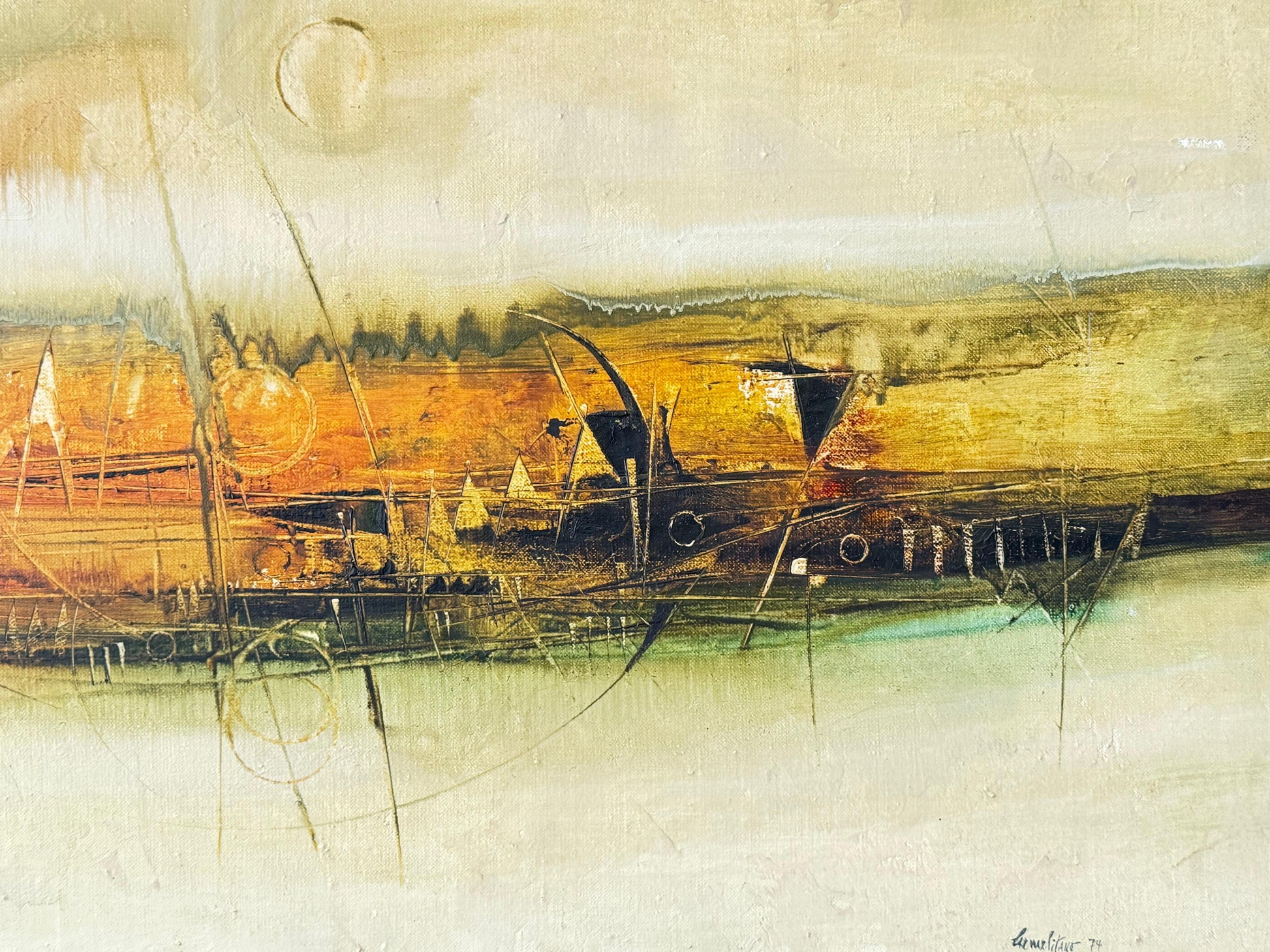 Frisman Vintage Frank Carmelitano Landscape Painting 1974 MCM Abstract Oil On Canvas