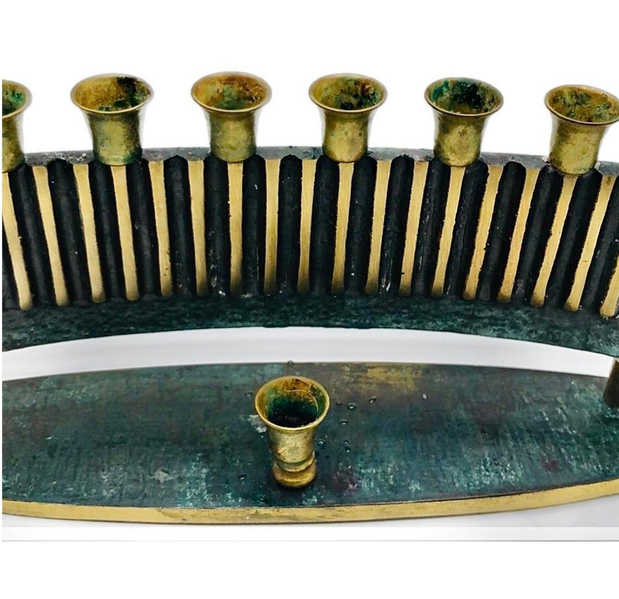 Frisman Vintage 1950s Vintage Mid Century Art Deco Verdigris Sculptural Modern Menorah Israel