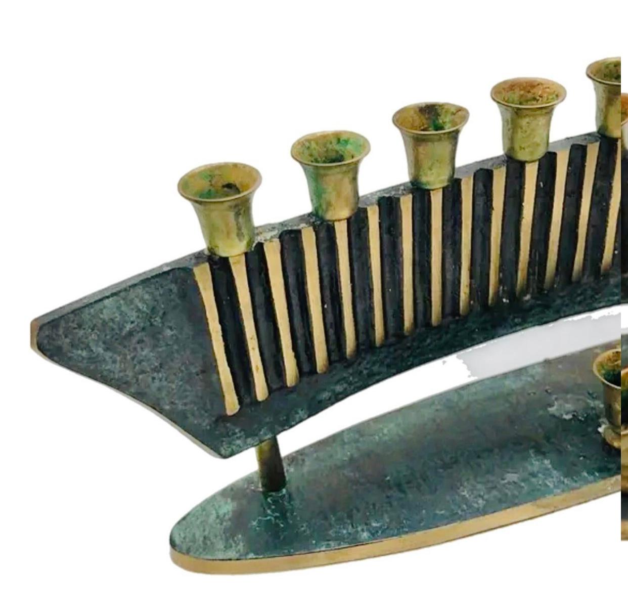 Frisman Vintage 1950s Vintage Mid Century Art Deco Verdigris Sculptural Modern Menorah Israel