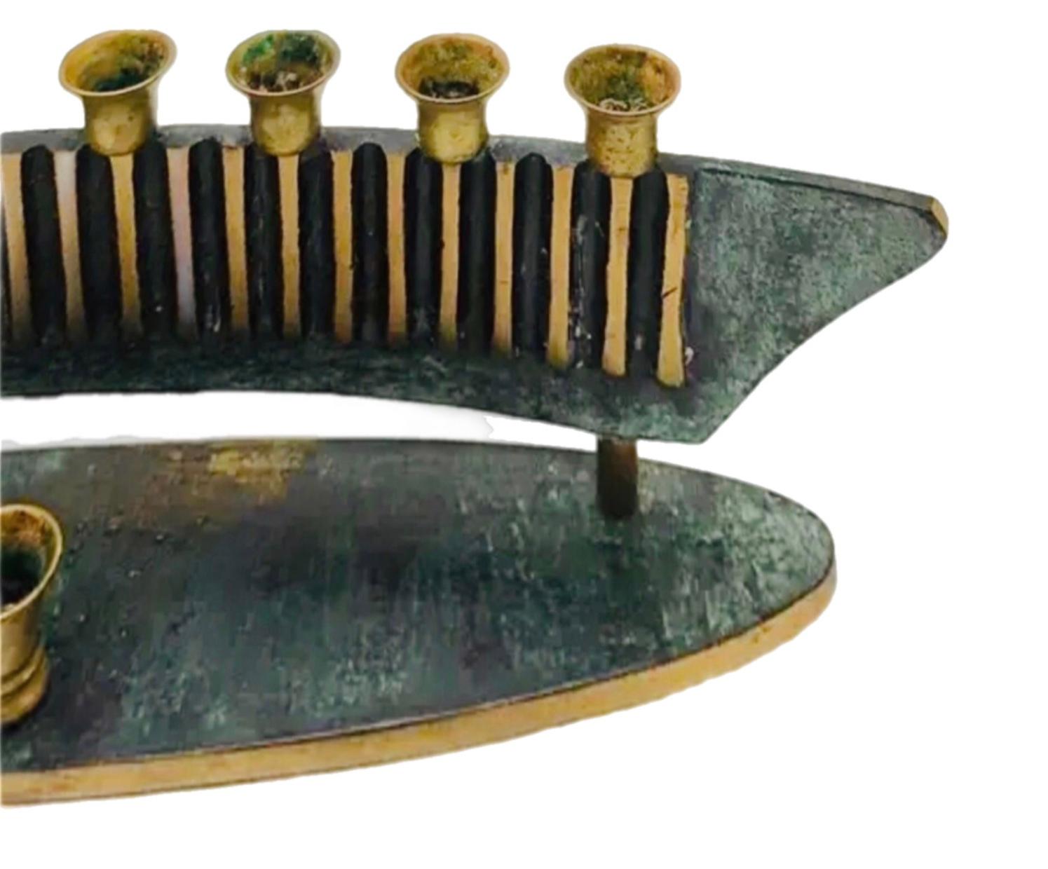 Frisman Vintage 1950s Vintage Mid Century Art Deco Verdigris Sculptural Modern Menorah Israel