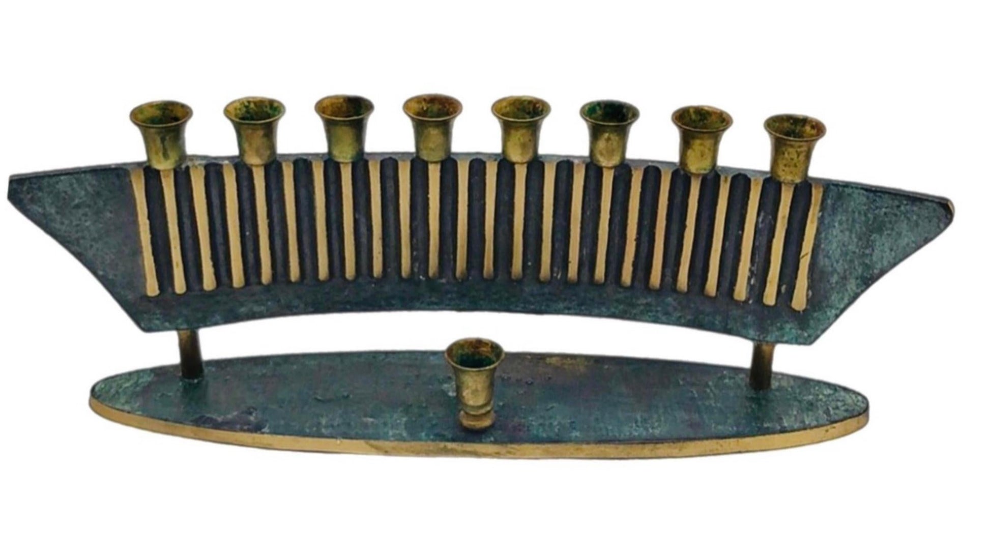 Frisman Vintage 1950s Vintage Mid Century Art Deco Verdigris Sculptural Modern Menorah Israel