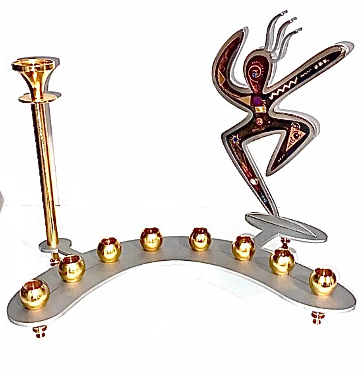 Frisman Vintage 80s Handmade Vintage Postmodern Memphis Aluminum & Inlaid Abstract Menorah