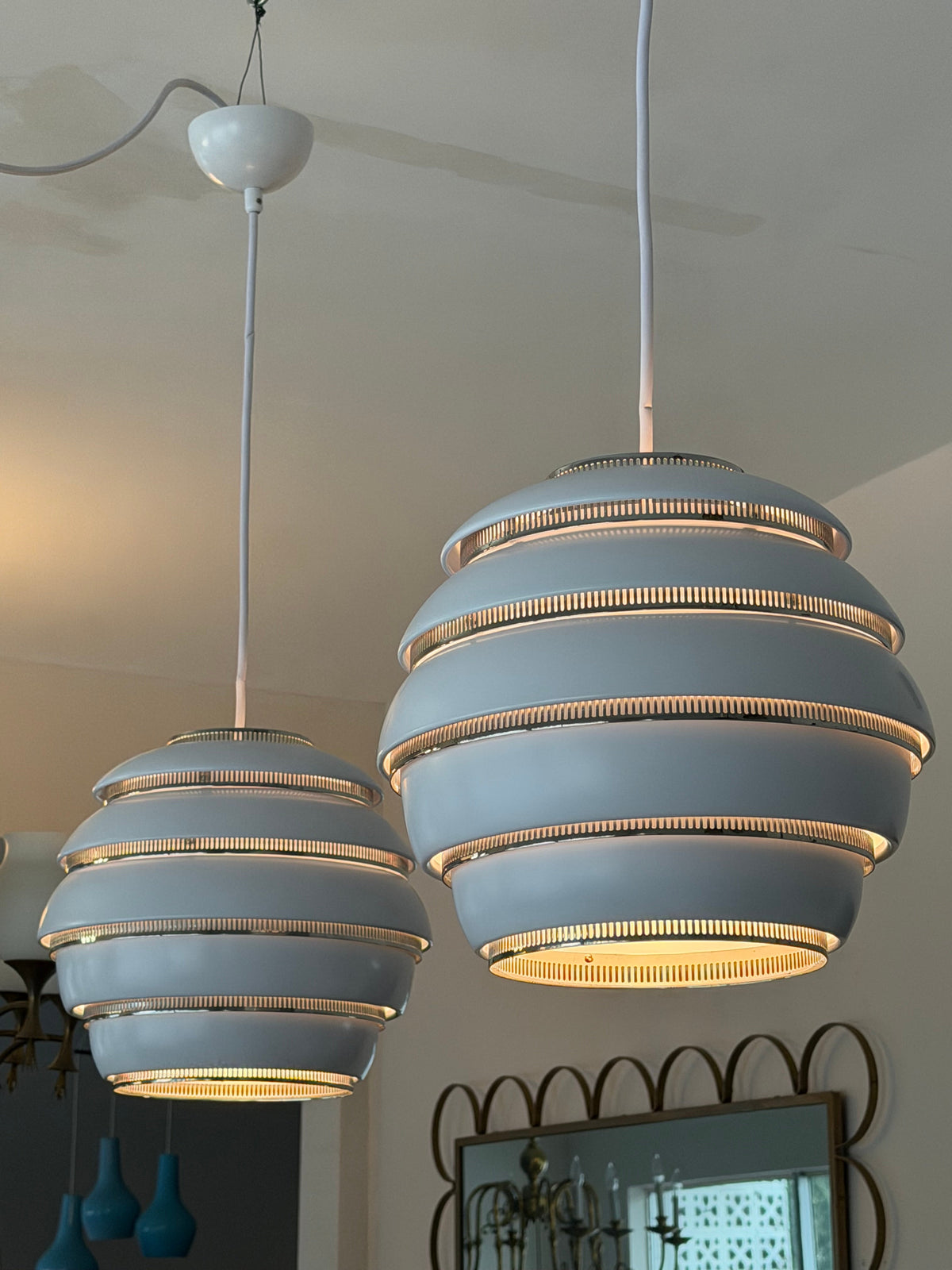 Frisman Vintage A Pair Of Alvar Aalto Beehive Lamps Model A331 Finland White Pendants