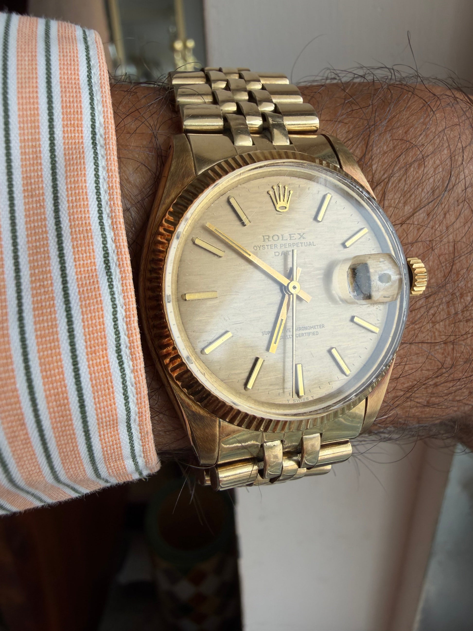 Frisman Vintage Rolex OP Date 14k Yellow Gold With Jubilee Bracelet Shantung Dial 1973 Rare!