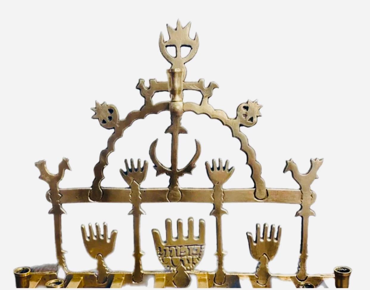 Frisman Vintage 19c Rare Antique Brass Hamsa Iraqi Folk Art Traditional Kabbalah Menorah