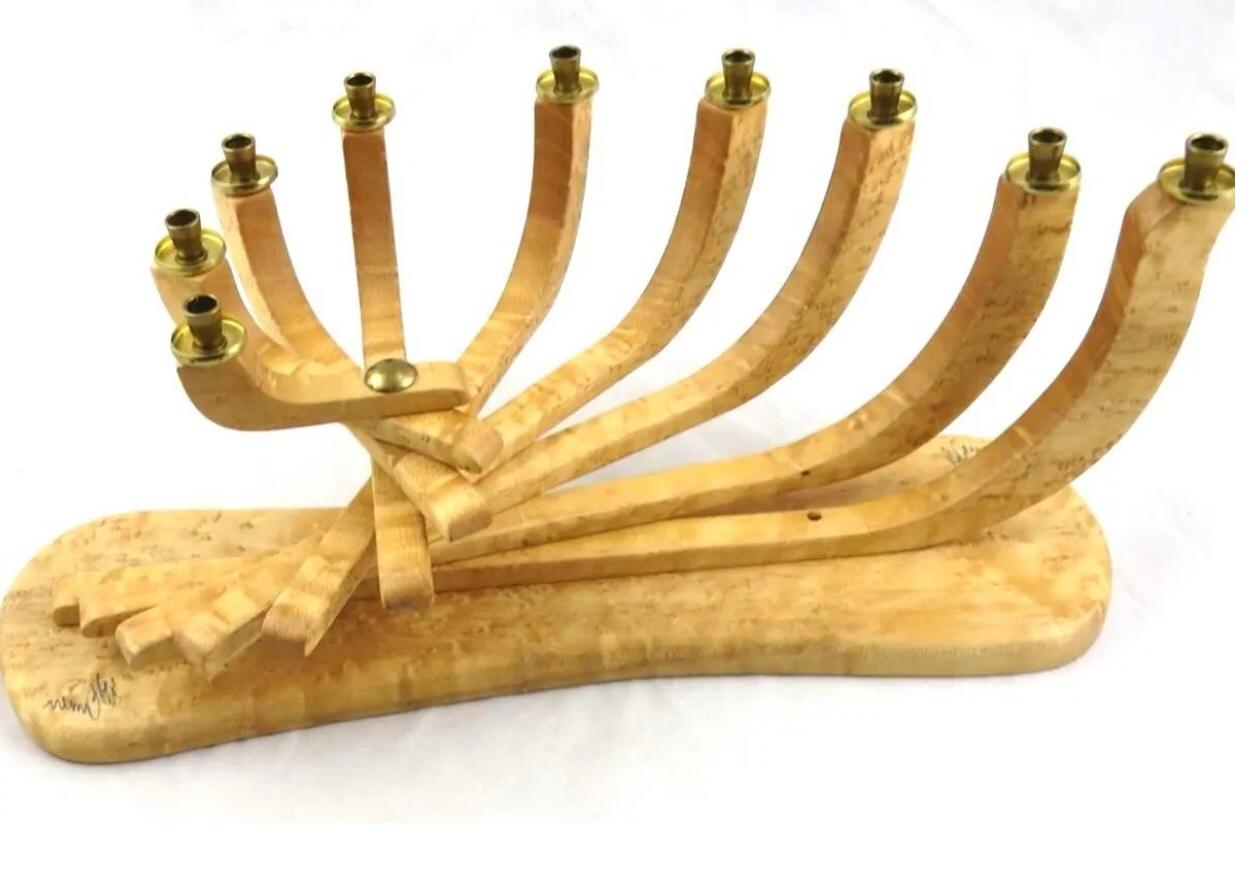 Frisman Vintage XL Vintage Artisan Hand Turned Modern  Kinetic Maple Wood MCM Menorah Signed