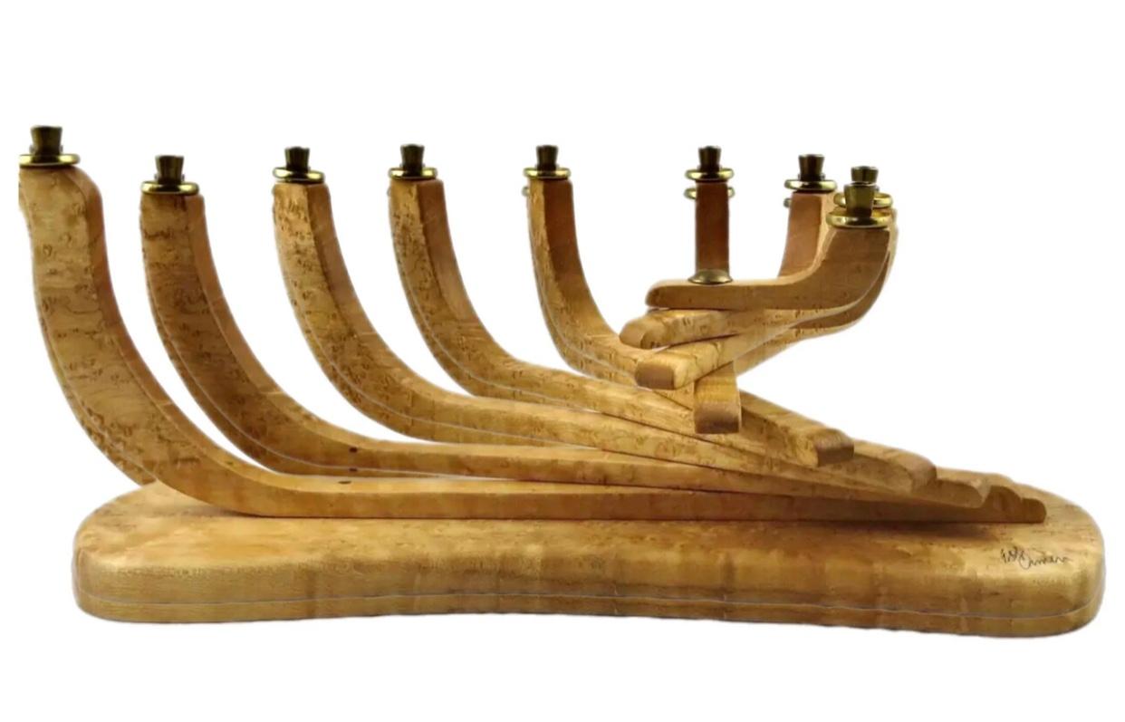 Frisman Vintage XL Vintage Artisan Hand Turned Modern  Kinetic Maple Wood MCM Menorah Signed