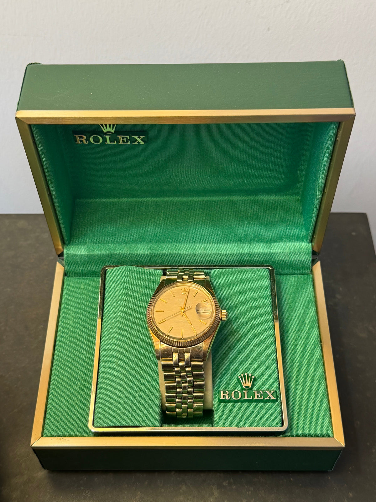 Frisman Vintage Rolex OP Date 14k Yellow Gold With Jubilee Bracelet Shantung Dial 1973 Rare!