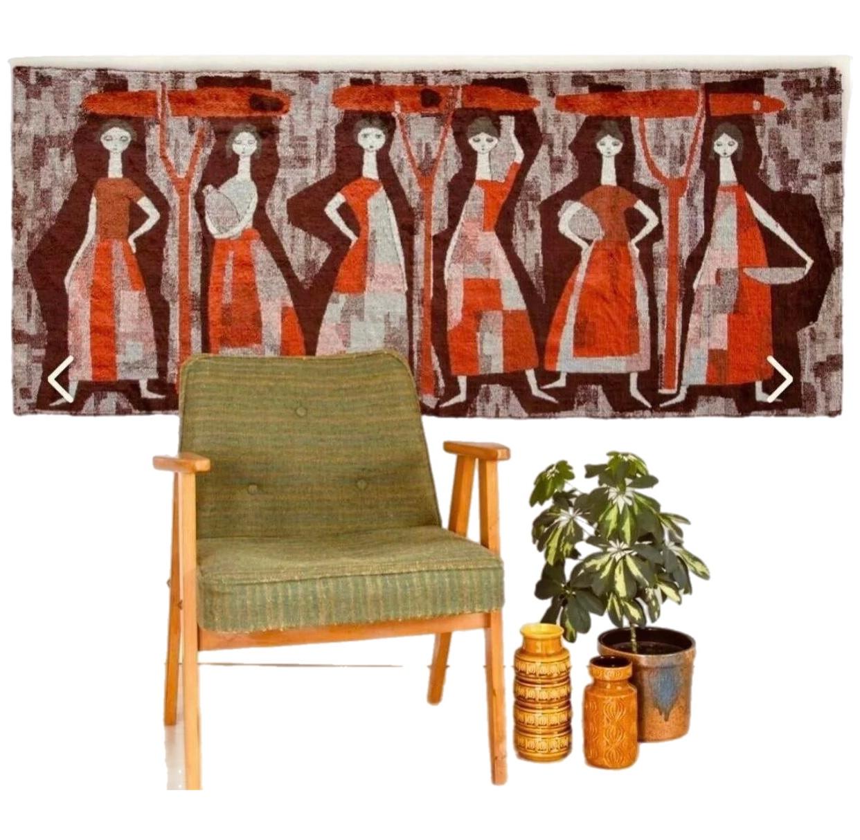 Frisman Vintage XL Mid-Century Modern Abstract Cubist Women Textile Art Wall Hanging Tapestry