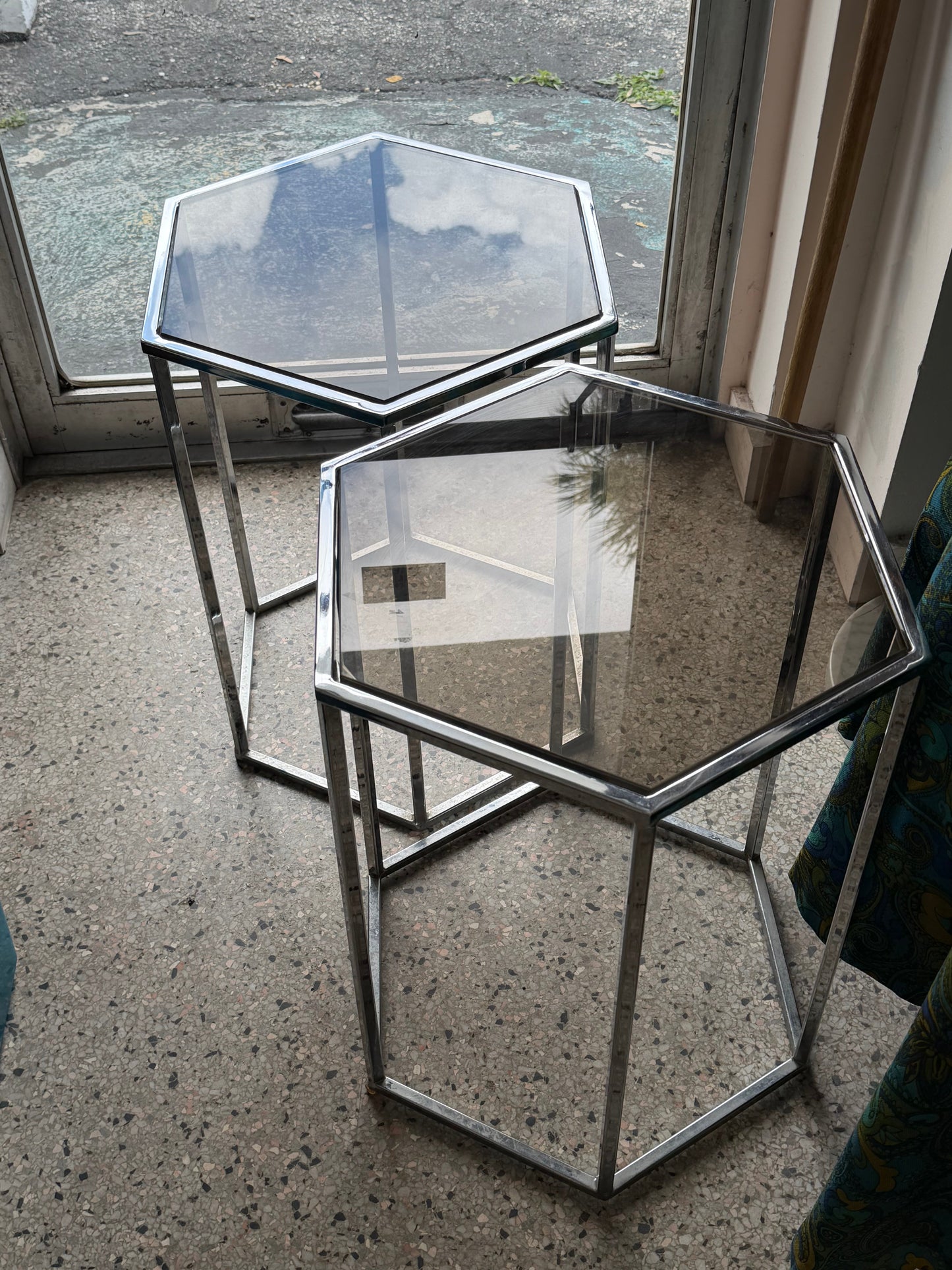 Frisman Vintage A Pair Of Hexagonal Tables Chrome And Smoked Glass 1970's Vintage Pedestals
