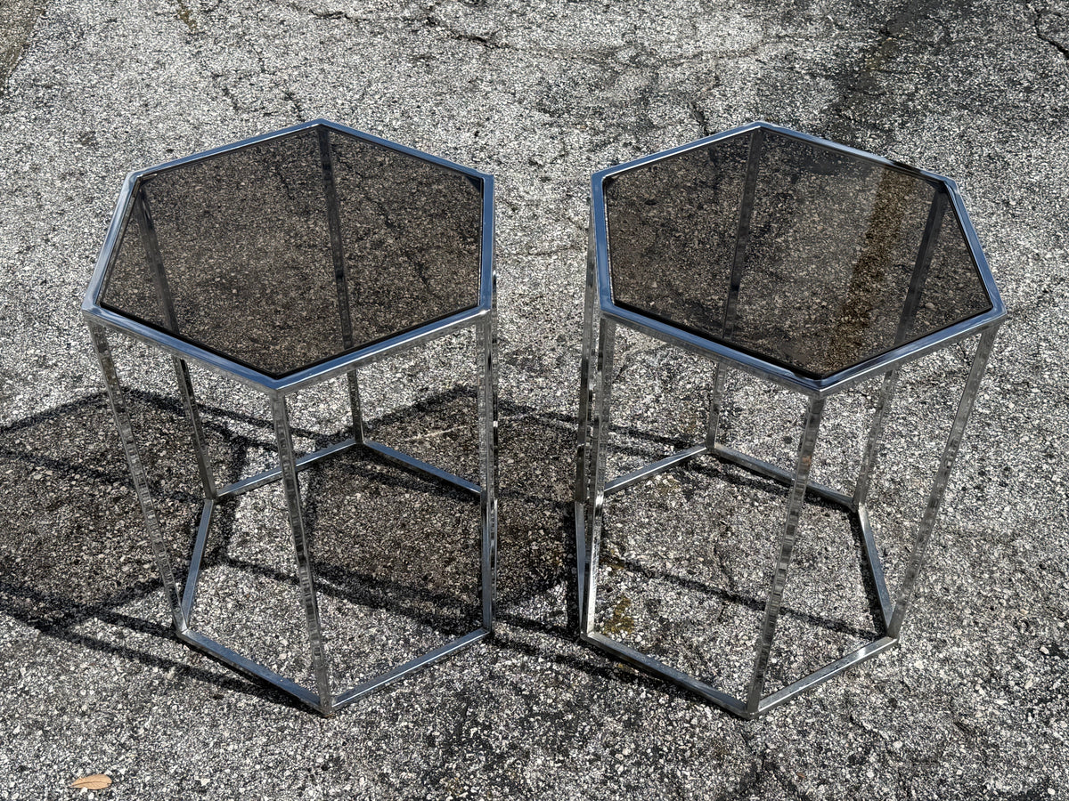 Frisman Vintage A Pair Of Hexagonal Tables Chrome And Smoked Glass 1970's Vintage Pedestals