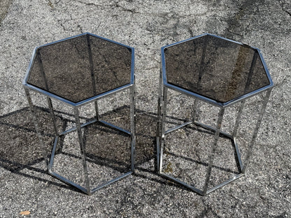 Frisman Vintage A Pair Of Hexagonal Tables Chrome And Smoked Glass 1970's Vintage Pedestals