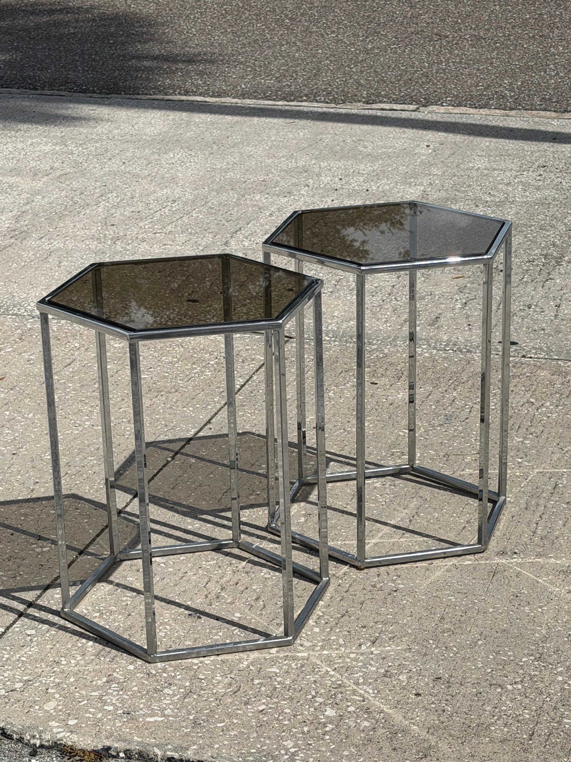 Frisman Vintage A Pair Of Hexagonal Tables Chrome And Smoked Glass 1970's Vintage Pedestals