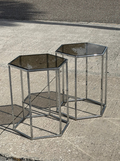 Frisman Vintage A Pair Of Hexagonal Tables Chrome And Smoked Glass 1970's Vintage Pedestals