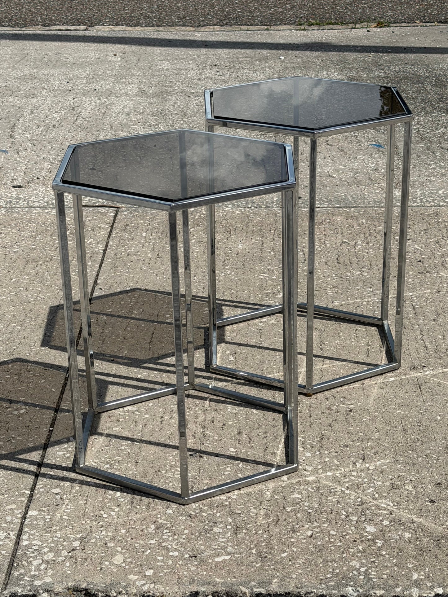 Frisman Vintage A Pair Of Hexagonal Tables Chrome And Smoked Glass 1970's Vintage Pedestals