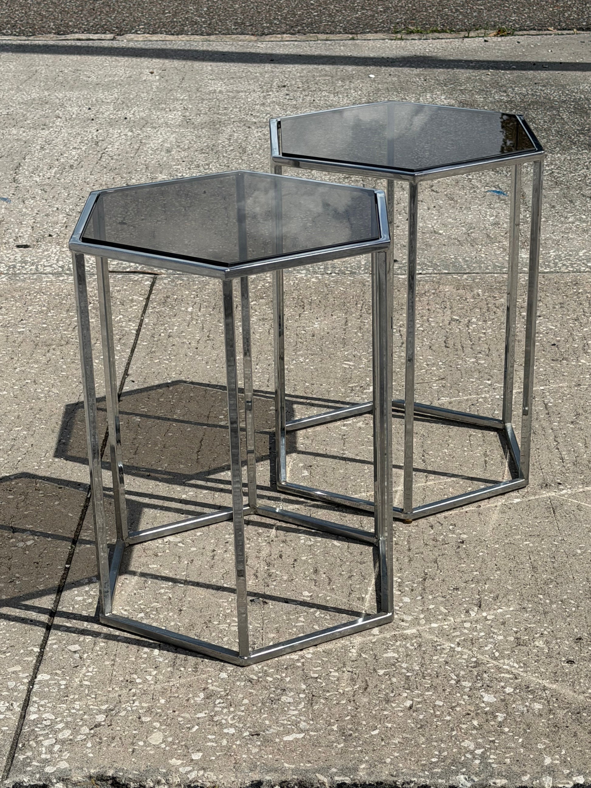 Frisman Vintage A Pair Of Hexagonal Tables Chrome And Smoked Glass 1970's Vintage Pedestals