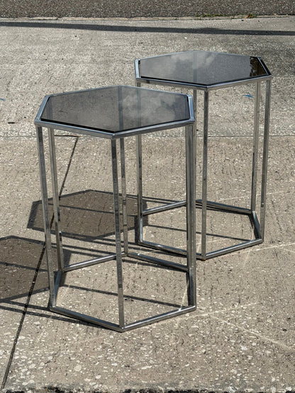 Frisman Vintage A Pair Of Hexagonal Tables Chrome And Smoked Glass 1970's Vintage Pedestals