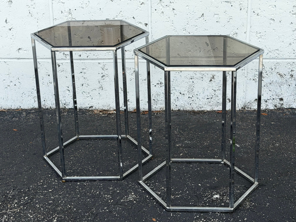 Frisman Vintage A Pair Of Hexagonal Tables Chrome And Smoked Glass 1970's Vintage Pedestals