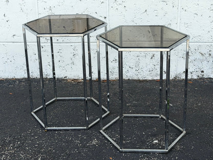 Frisman Vintage A Pair Of Hexagonal Tables Chrome And Smoked Glass 1970's Vintage Pedestals