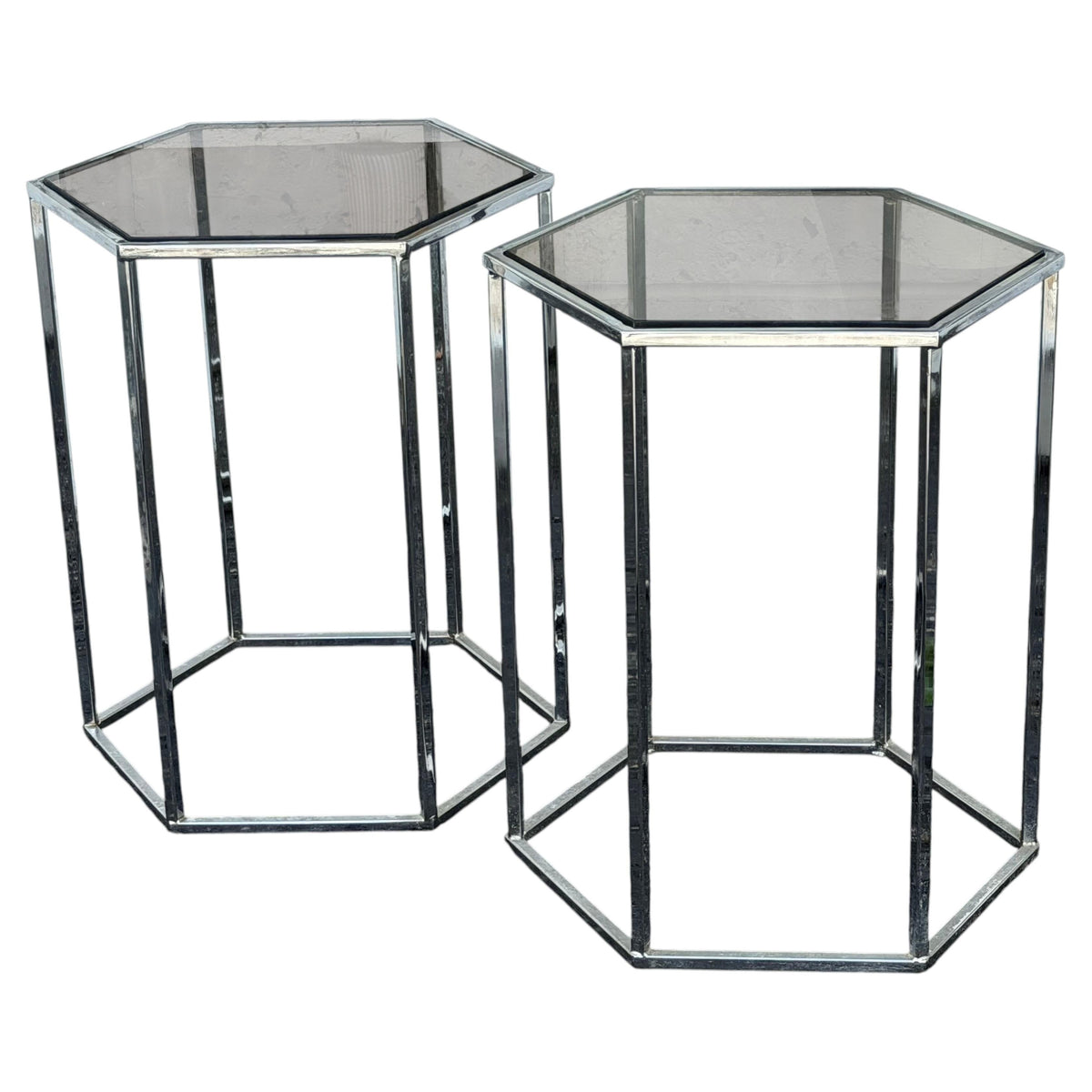 Frisman Vintage A Pair Of Hexagonal Tables Chrome And Smoked Glass 1970's Vintage Pedestals