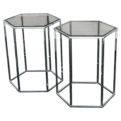Frisman Vintage A Pair Of Hexagonal Tables Chrome And Smoked Glass 1970's Vintage Pedestals