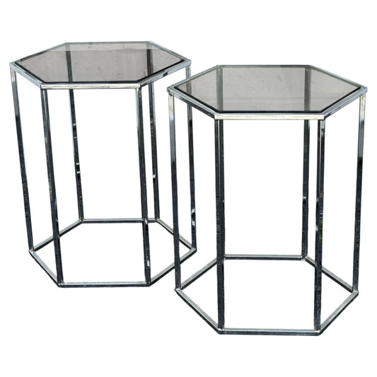 Frisman Vintage A Pair Of Hexagonal Tables Chrome And Smoked Glass 1970's Vintage Pedestals