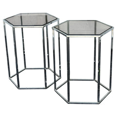 A Pair Of Hexagonal Tables Chrome And Smoked Glass 1970's Vintage Pedestals