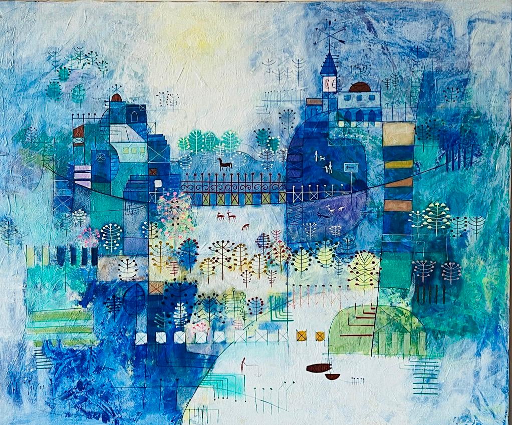 Frisman Vintage 60s Mid Century Heshi Yu Abstract Cityscape Naive Chinese Modernist Painting O/C