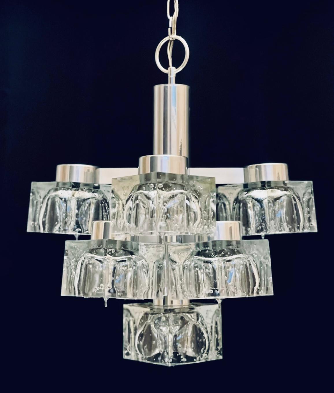 Frisman Vintage 70s MCM Gaetano Sciolari 9 Light Chrome Ice Cube Chandelier Lightolier Italy