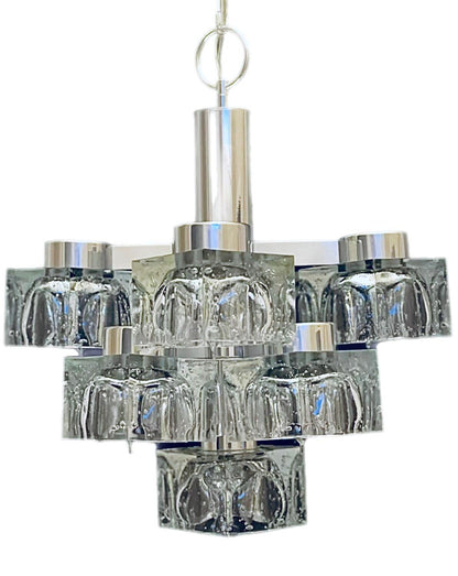 Frisman Vintage 70s MCM Gaetano Sciolari 9 Light Chrome Ice Cube Chandelier Lightolier Italy