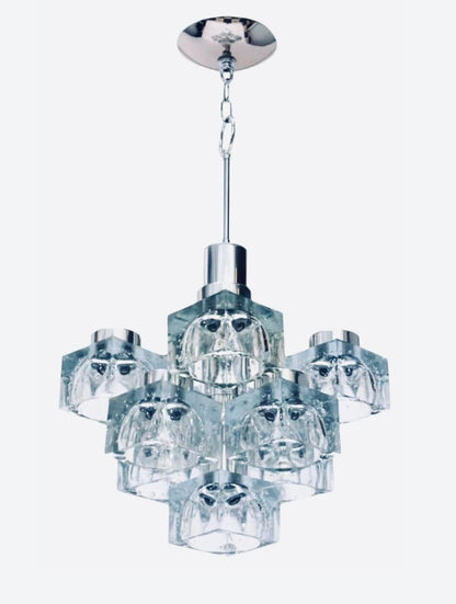 Frisman Vintage 70s MCM Gaetano Sciolari 9 Light Chrome Ice Cube Chandelier Lightolier Italy