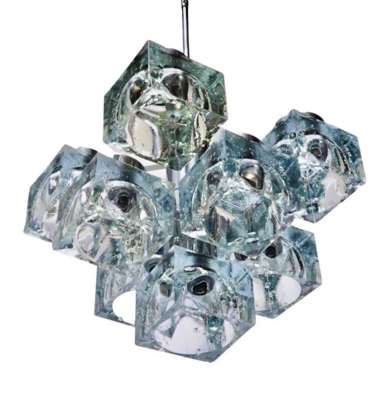 Frisman Vintage 70s MCM Gaetano Sciolari 9 Light Chrome Ice Cube Chandelier Lightolier Italy