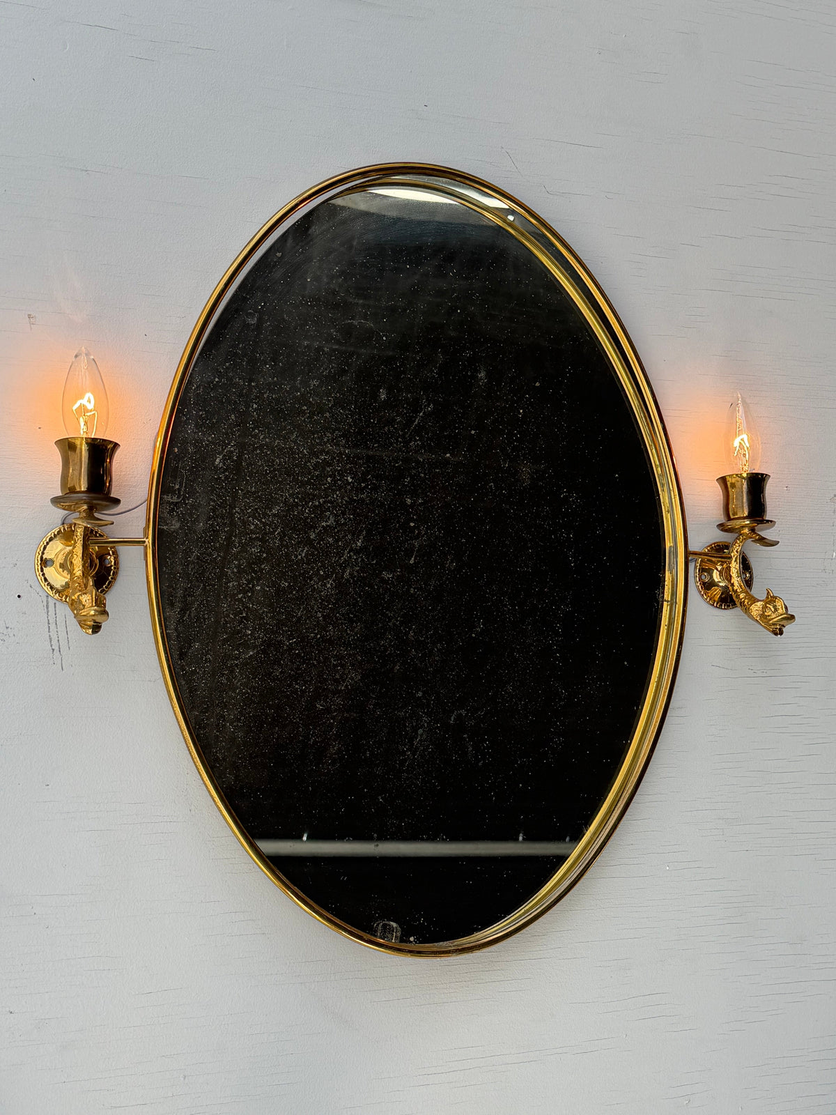 Frisman Vintage A Pair Of French Lighted Mirrors With Dolphin Design Elegant 1960's Whimsical