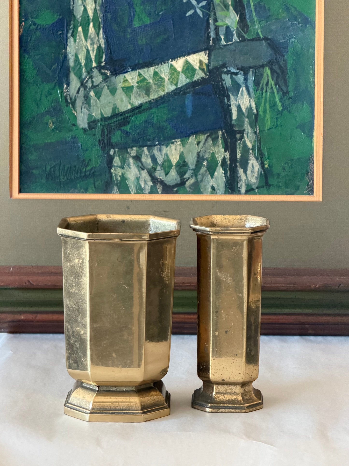 Frisman Vintage Two Italian Brass Vases Octagonal Handmade Vintage 1970's