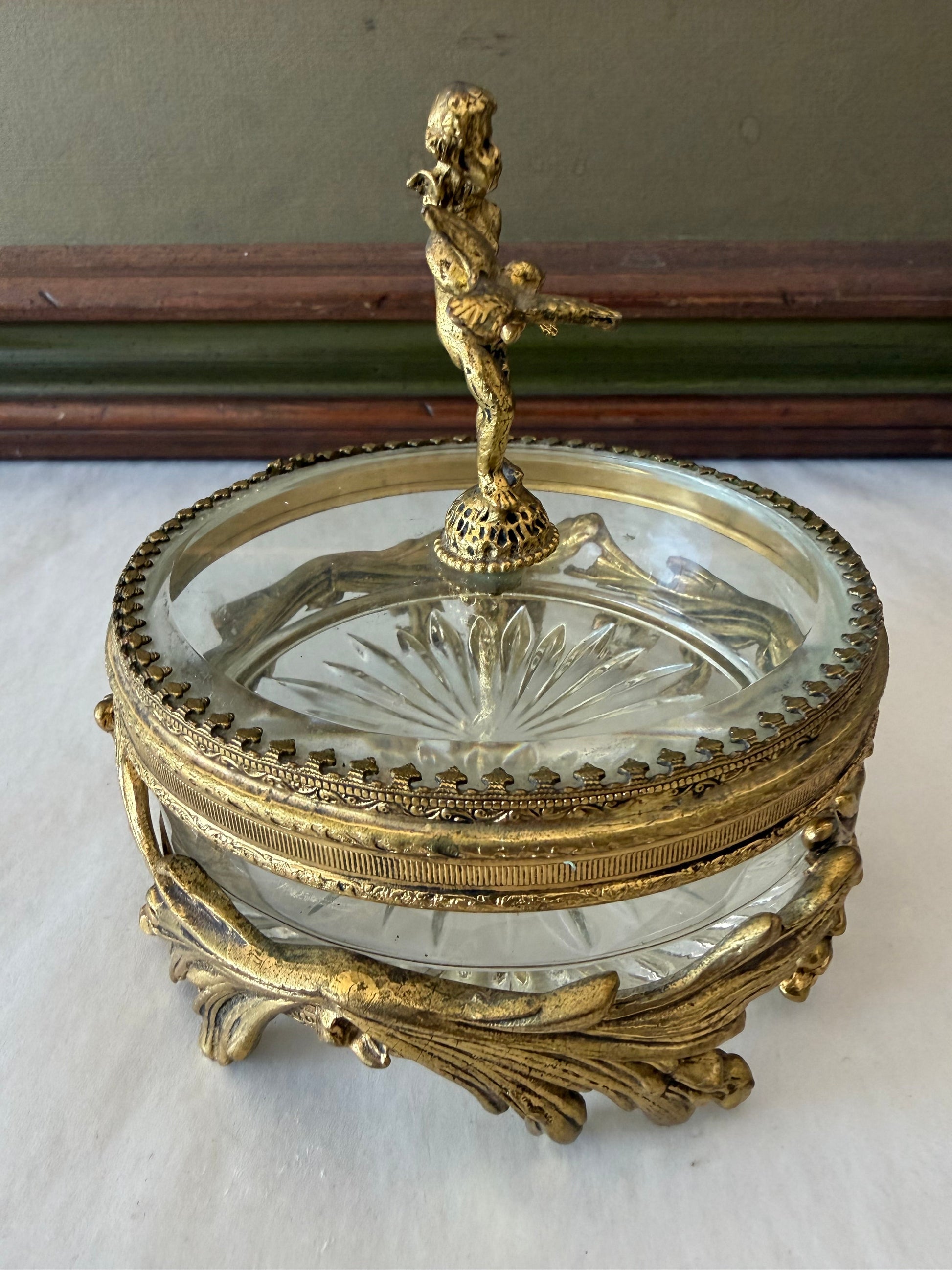Frisman Vintage Vintage French Dore Bronze Mounted Glass Dish And Cover Cherub