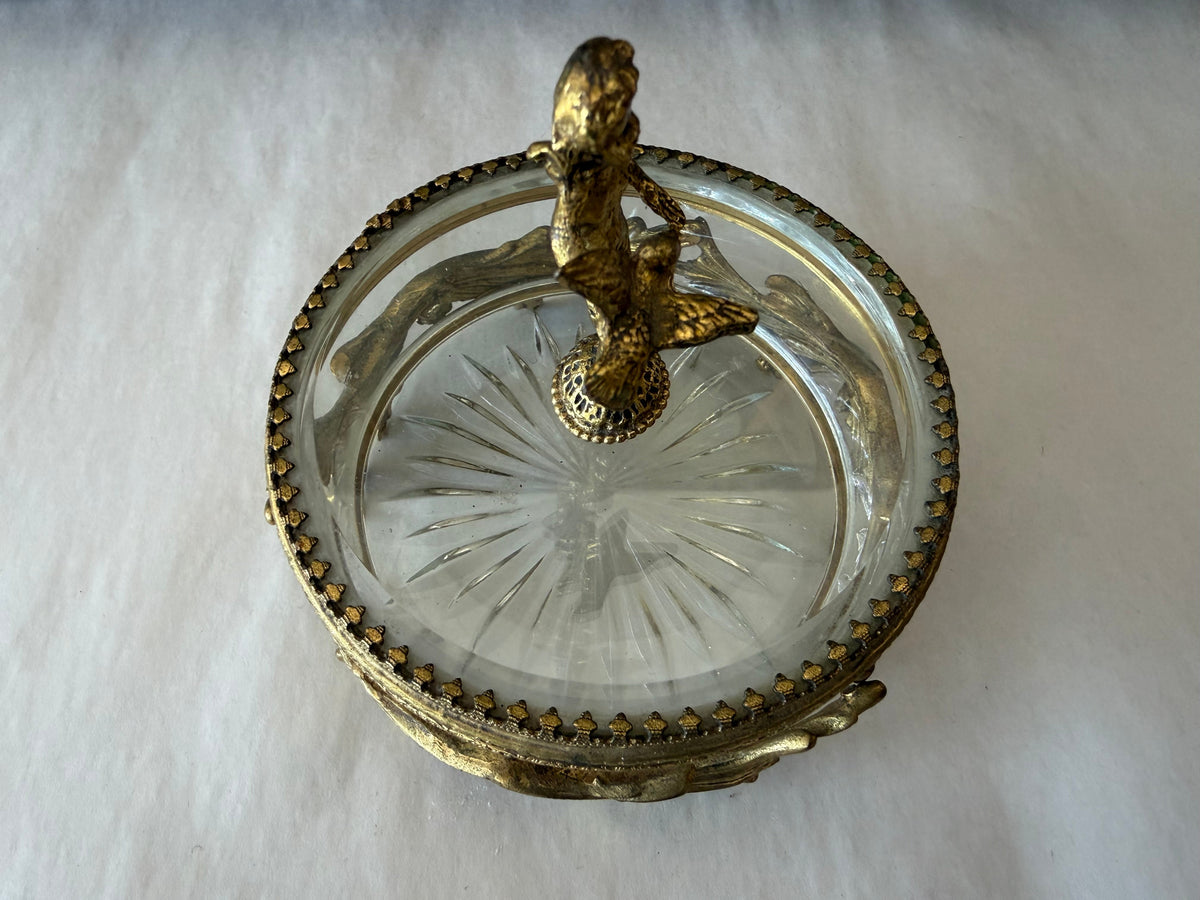Frisman Vintage Vintage French Dore Bronze Mounted Glass Dish And Cover Cherub